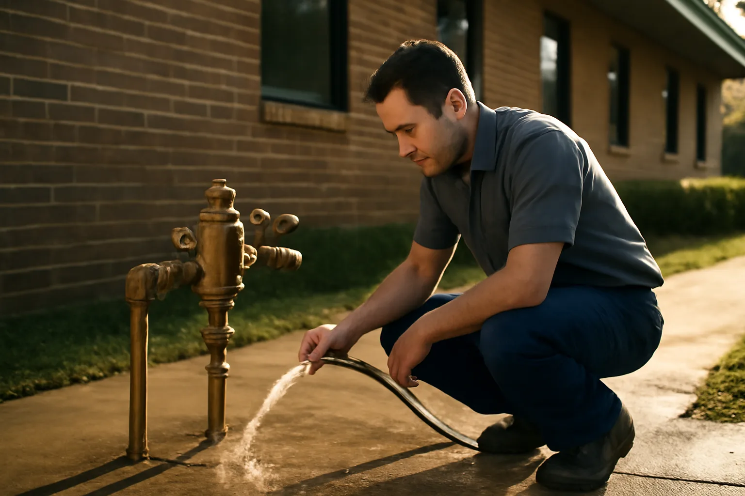 Technician kneeling beside a backflow preventer behind a brick building