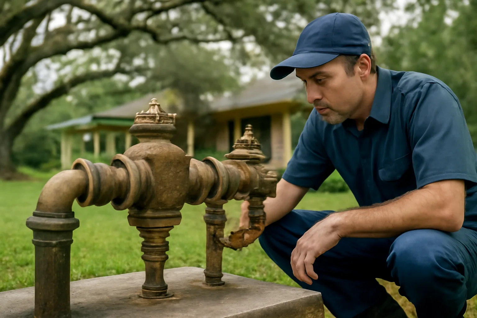 Technician at a bronze backflow assembly behind a Florida house